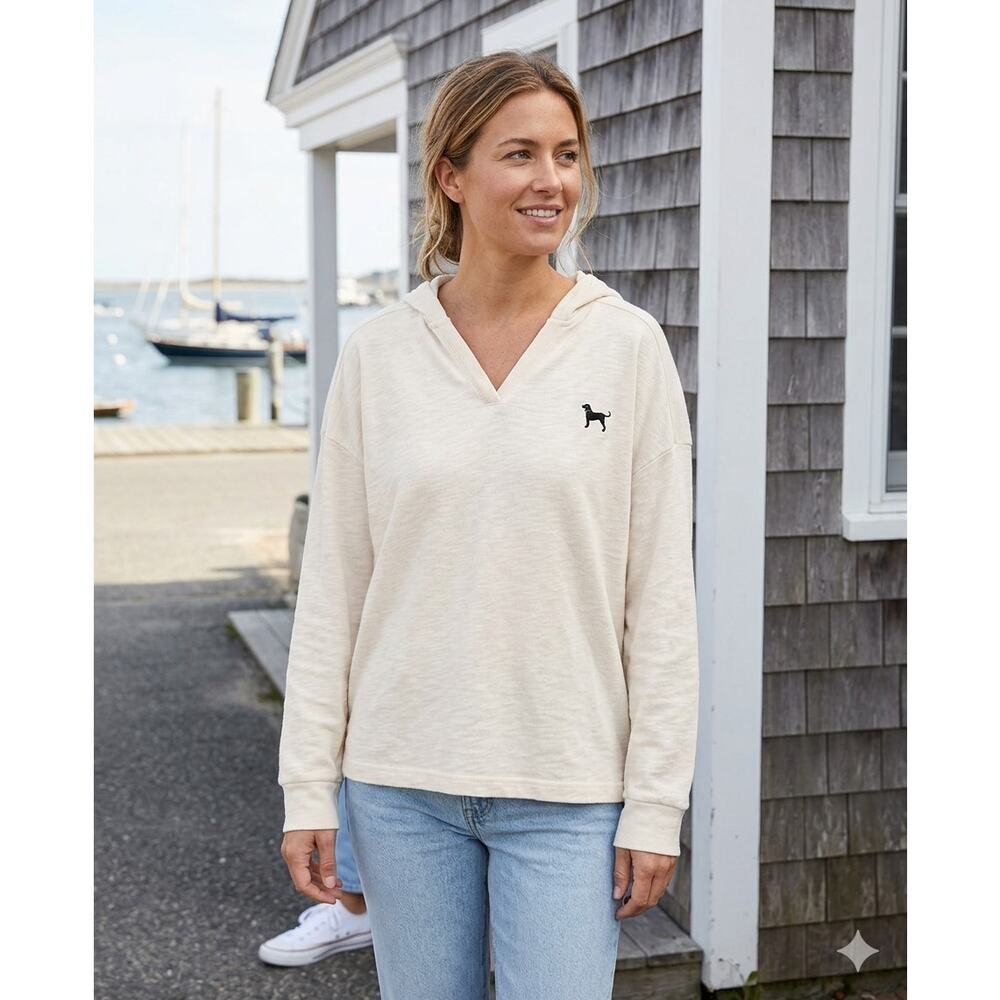 The Black Dog V-Neck Hoodie Coastal Grandma Nautical New England Summer L EUC